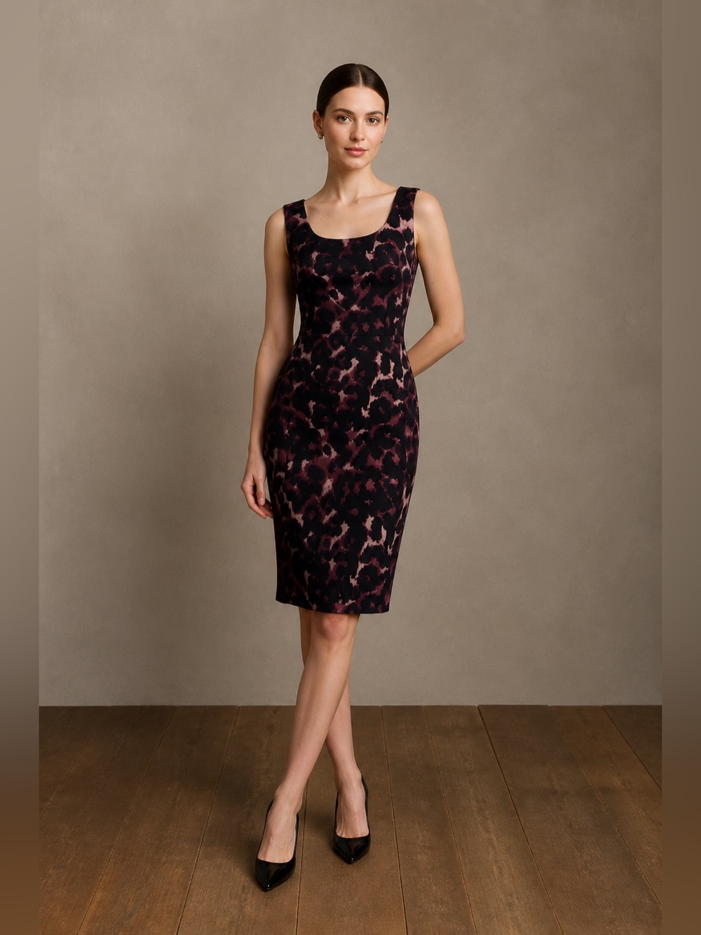 Ann Taylor Black and Pink Patterned lined Midi Cocktail Dress.